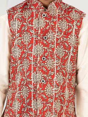  cotton kurta set with floral nehru jacket - red (size 22-30) 3