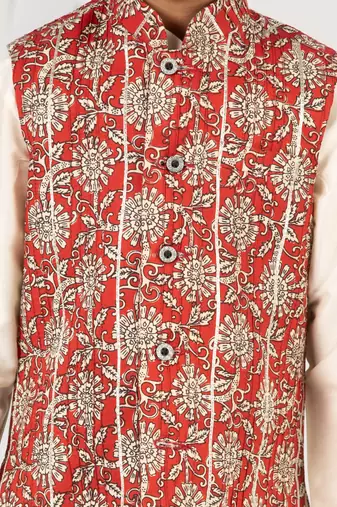  cotton kurta set with floral nehru jacket - red (size 22-30)