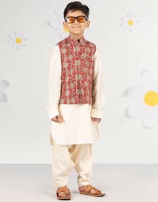  cotton kurta set with floral nehru jacket - red (size 22-30) 4