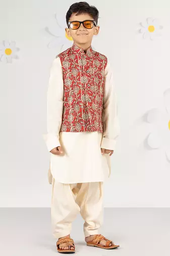  cotton kurta set with floral nehru jacket - red (size 22-30)