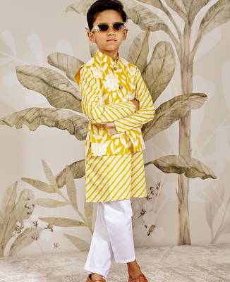  cotton nehru jacket set - yellow raksha bandhan traditional ethnic wear with embroidery (ages 2-12) 1
