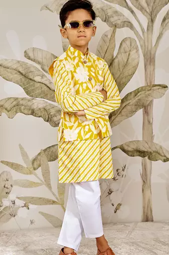 Boy's cotton nehru jacket set - yellow raksha bandhan traditional ethnic wear with embroidery (ages 2-12)