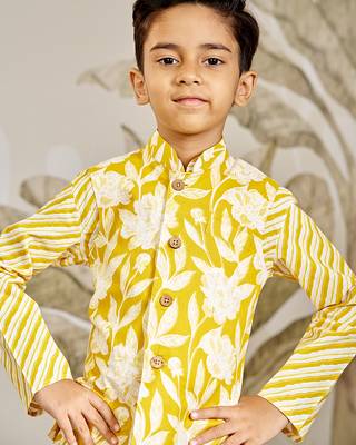  cotton nehru jacket set - yellow raksha bandhan traditional ethnic wear with embroidery (ages 2-12) 2