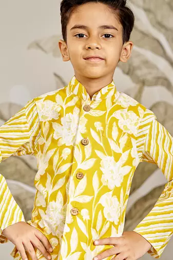  cotton nehru jacket set - yellow raksha bandhan traditional ethnic wear with embroidery (ages 2-12)