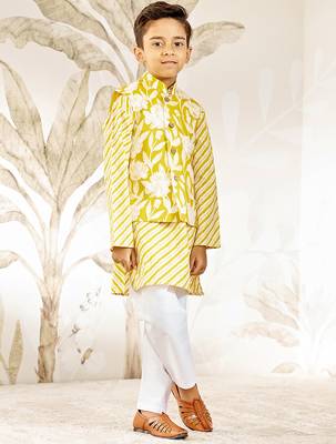  cotton nehru jacket set - yellow raksha bandhan traditional ethnic wear with embroidery (ages 2-12) 3