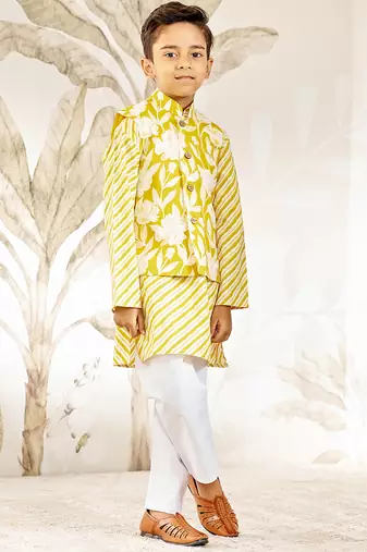  cotton nehru jacket set - yellow raksha bandhan traditional ethnic wear with embroidery (ages 2-12)