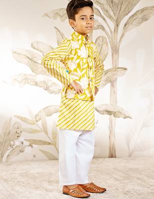  cotton nehru jacket set - yellow raksha bandhan traditional ethnic wear with embroidery (ages 2-12) 4