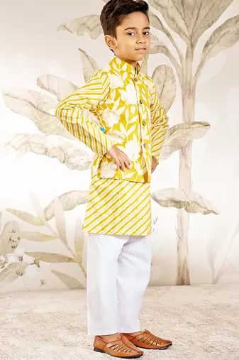  cotton nehru jacket set - yellow raksha bandhan traditional ethnic wear with embroidery (ages 2-12)