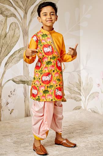 Boy's mustard muslin kurta dhoti set - traditional krishna festival dress janmashtami ethnic wear (size 22-30)
