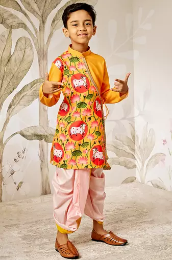 Boy's mustard muslin kurta dhoti set - traditional krishna festival dress janmashtami ethnic wear (size 22-30)