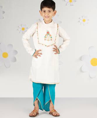  white silk kurta dhoti set - traditional festive wear with thread embroidery (ages 2-8) 1
