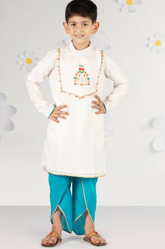 Boy's white silk kurta dhoti set - traditional festive wear with thread embroidery (ages 2-8)