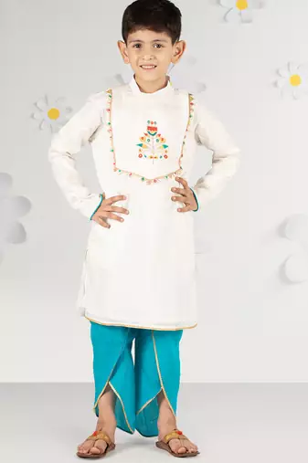 Boy's white silk kurta dhoti set - traditional festive wear with thread embroidery (ages 2-8)