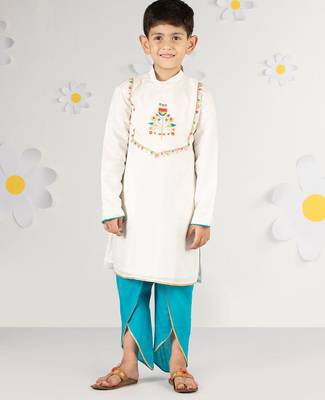  white silk kurta dhoti set - traditional festive wear with thread embroidery (ages 2-8) 2