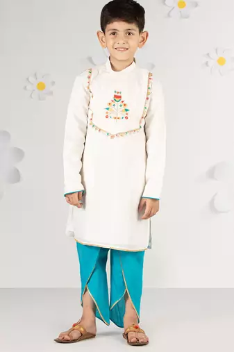 white silk kurta dhoti set - traditional festive wear with thread embroidery (ages 2-8)