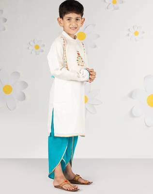 white silk kurta dhoti set - traditional festive wear with thread embroidery (ages 2-8) 4