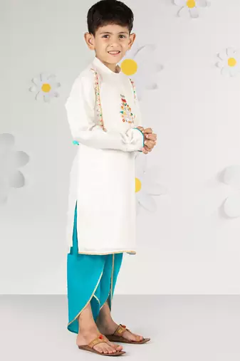  white silk kurta dhoti set - traditional festive wear with thread embroidery (ages 2-8)