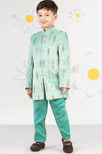 Boy's mint green velvet indo-western set - premium festive wear with thread embroidery (ages 2-8)