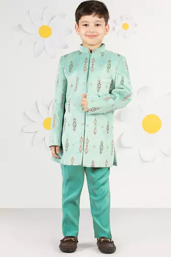  mint green velvet boy indowestern set