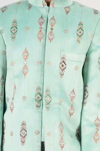  mint green velvet boy indowestern set