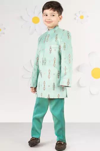  mint green velvet boy indowestern set