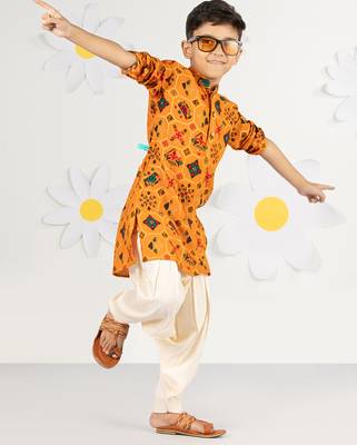  mustard kurta patiala set - festive foil print with sequin work (ages 2-8) 1