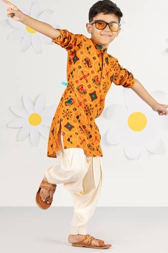 Boy's mustard kurta patiala set - festive foil print with sequin work (ages 2-8)