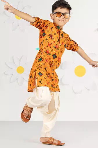 Boy's mustard kurta patiala set - festive foil print with sequin work (ages 2-8)