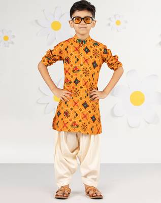  mustard kurta patiala set - festive foil print with sequin work (ages 2-8) 2