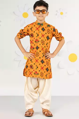  mustard kurta patiala set - festive foil print with sequin work (ages 2-8)