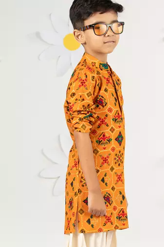  mustard kurta patiala set - festive foil print with sequin work (ages 2-8)