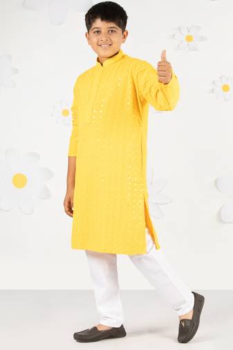 Boy's yellow sequin chikankari kurta pyjama set - diwali 2025 wedding festive ethnic wear size 20-36