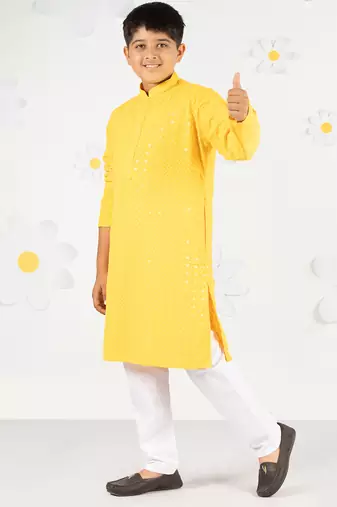 Boy's yellow sequin chikankari kurta pyjama set - diwali 2025 wedding festive ethnic wear size 20-36