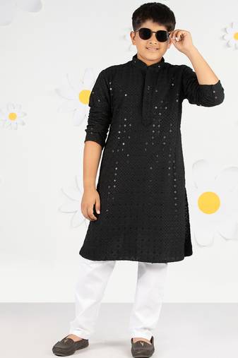 Boy's black sequin chikankari kurta pyjama set - diwali 2025 wedding premium festive ethnic wear size 20-36