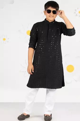 Boy's black sequin chikankari kurta pyjama set - diwali 2025 wedding premium festive ethnic wear size 20-36