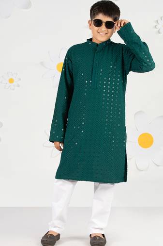 Boy's green sequin chikankari kurta pyjama set - diwali 2025 navratri wedding festive ethnic wear size 20-36