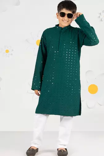 Boy's green sequin chikankari kurta pyjama set - diwali 2025 navratri wedding festive ethnic wear size 20-36