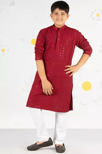 Boy's maroon sequin chikankari kurta pyjama set - diwali 2025 royal wedding premium festive ethnic size 20-36