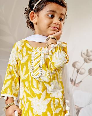 Girl's traditional yellow cotton kurta sharara set with dupatta floral print for festival wear (22-30) 1