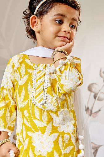 Girl's traditional yellow cotton kurta sharara set with dupatta floral print for festival wear (22-30)