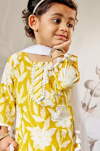 Girl's traditional yellow cotton kurta sharara set with dupatta floral print for festival wear (22-30)