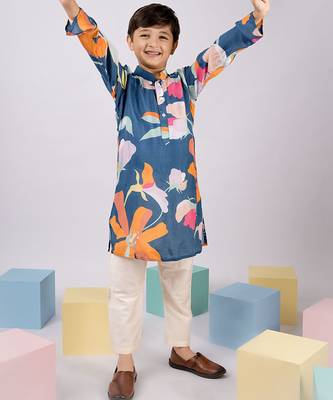  blue pure viscose kurta pyjama set with floral print - summer ethnic wear traditional dress (size 22-30) 1