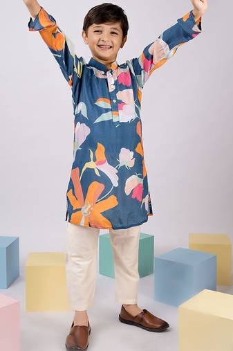 Boy's blue pure viscose kurta pyjama set with floral print - summer ethnic wear traditional dress (size 22-30)