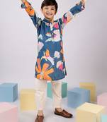  blue pure viscose kurta pyjama set with floral print - summer ethnic wear traditional dress (size 22-30)