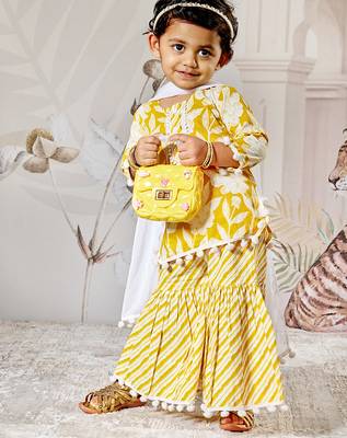 Girl's traditional yellow cotton kurta sharara set with dupatta floral print for festival wear (22-30) 2
