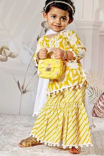 Girl's traditional yellow cotton kurta sharara set with dupatta floral print for festival wear (22-30)