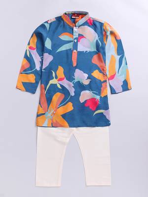  blue pure viscose kurta pyjama set with floral print - summer ethnic wear traditional dress (size 22-30) 2