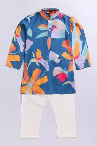  blue pure viscose kurta pyjama set with floral print - summer ethnic wear traditional dress (size 22-30)