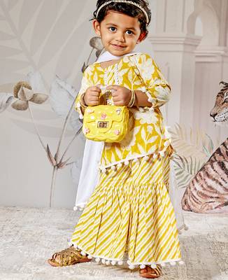 Girl's traditional yellow cotton kurta sharara set with dupatta floral print for festival wear (22-30) 3