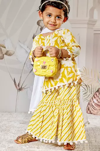 Girl's traditional yellow cotton kurta sharara set with dupatta floral print for festival wear (22-30)